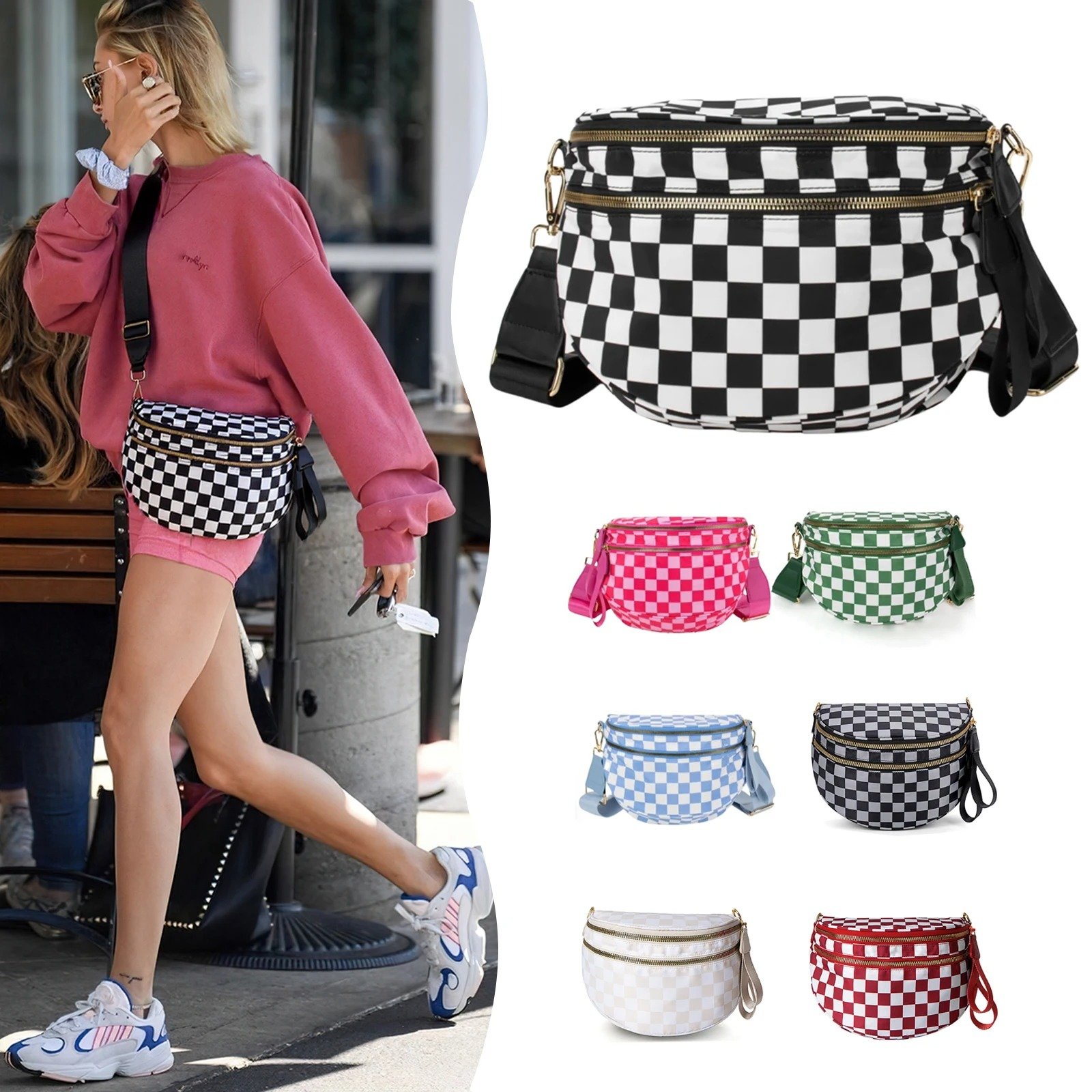 Checked In Oversize Double Zip Checkered Crescent Sling Bag