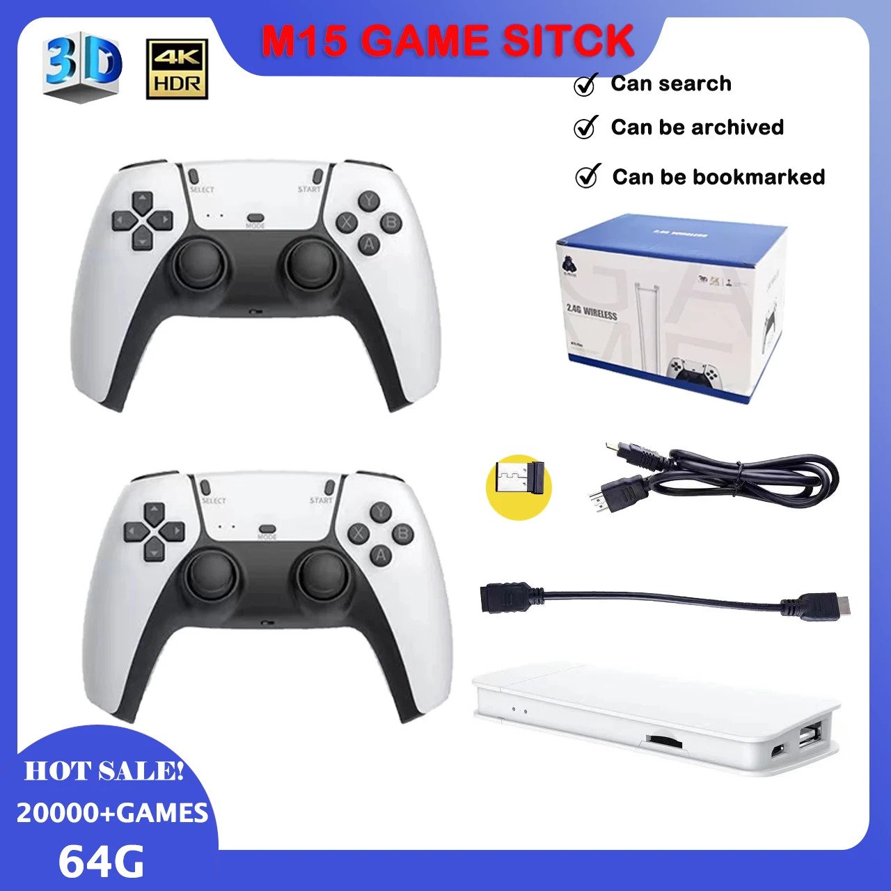 4K Pro Game Stick – 2 Players Mini TV Retro Console with 20,000+ Game